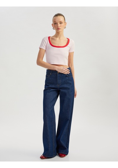 Koton Pamuklu Slim Fit Kontrast Detaylı Kısa Kollu U Yaka Fitilli Crop Tişört Pembe 5sak50342ek Gül