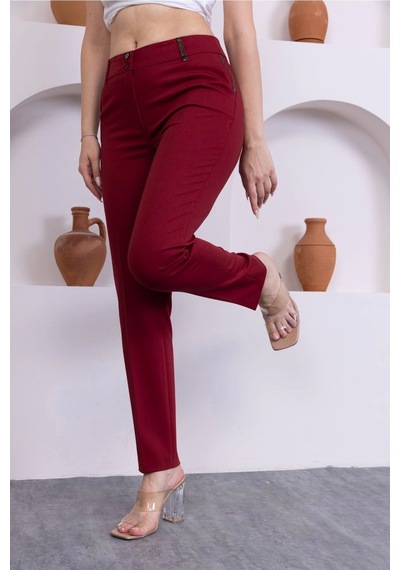 Lodmela Deri Detaylı Cepli Bilek Boy Pantolon 3146-bordo Bordo