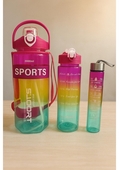 Sports Renkli Akrilik Spor 3lü Motivasyon Suluk Matara 3adet 2000ml 900ml 350ml Koyu Pembe