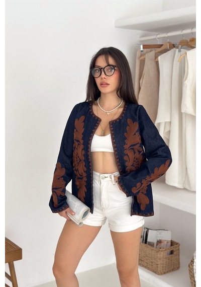 Femelle Kadın Lacivert Vintage Nakışlı Kot Denim Ceket Kahverengi