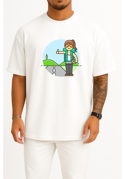 Bahriyeli Collection Oversize Otostop Gezgin Kadın - Traveller Göğüs Tasarımlı Unisex T-shirt Beyaz
