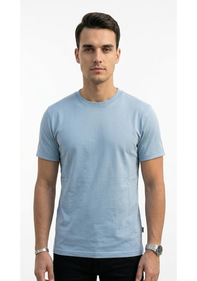 Plus Scorpion T02 Kol Katlama Erkek Slim Fit Basic Tişört Bisiklet Yaka, Düz Kumaş, Yazlık Model Mavi