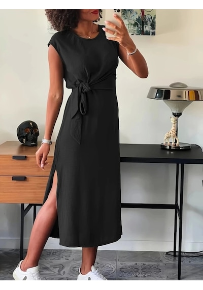 Defymoda Kadın Kısa Kollu Yuvarlak Yaka Belden Bağcıklı Önden Yırtmaçlı Aerobin Elbise Siyah Defymoda Kadın Kısa Kollu Yuvarlak Yaka Belden Bağcıklı Önden Yırtmaçlı Aerobin Elbise Siyah