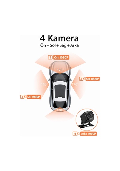 Wifi 4 Kameralı Araç İçi Kamera 1080p Full Hd 32 Gb Dahili Hafıza Geniş Açılı Gece Görüşlü