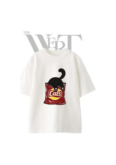 Thewert Kedi Cips Tasarım Baskılı Ünisex Beyaz Oversize T-shirt