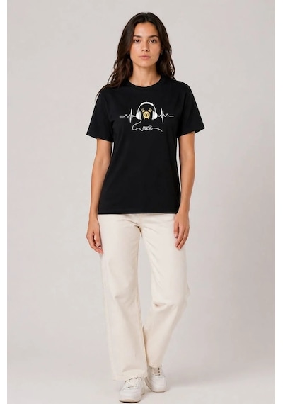 Tarzyeri Kadın Müzik Temalı Baskılı Tişört Bisiklet Yaka Kısa Kol T-shirt - Siyah
