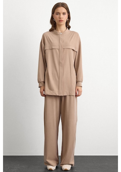 Olcay Bisiklet Yaka Önü Patlı Premium Sweat İkili Takım Bej 9384-tk