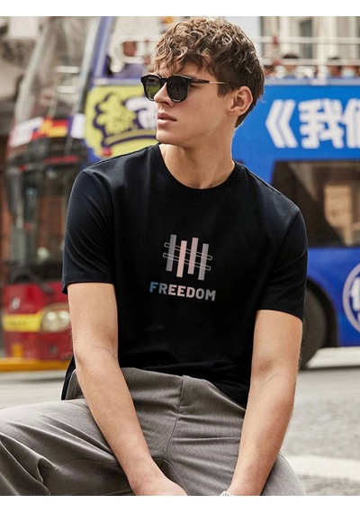 Unisex Oversize Freedom Baskılı Bisiklet Yaka Siyah T-shirt Siyah