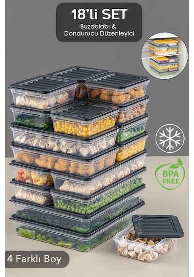 Mikrodalga Ve Difriz Uyumlu 18 Parça Saklama Kabı Seti ,2x2400ml 4x1200ml 4x1170ml 8x600ml, Antrasit Antrasit