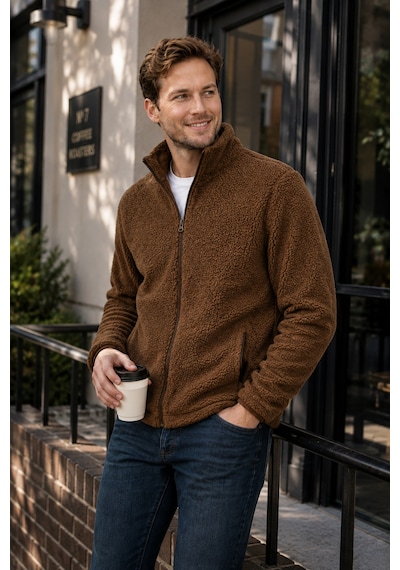 Luxıc Core Erkek Peluş Mont Slim Fit Dik Yaka Fermuarlı Cepli Günlük Spor Ceket Kahverengi