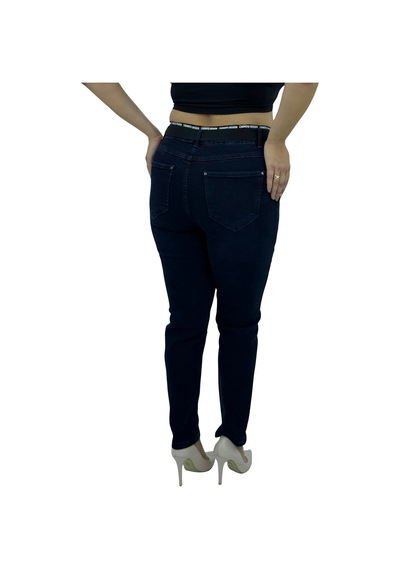Büyük Beden Denim Toparlayıcı Kemerli Yüksek Bel Boru Paça Kadın Pantolon Lacivert