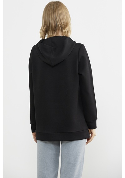 Yarım Fermuarlı Kapüşonlu Sweatshirt - Siyah Ekru