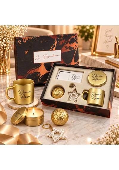 Bk Gift Kişiye Özel İsimli Gold Kahve Fincanı & Mum & Mdf Altlıklı Dekor & Anahtarlık - Hediye Kutulu Gold Set-1
