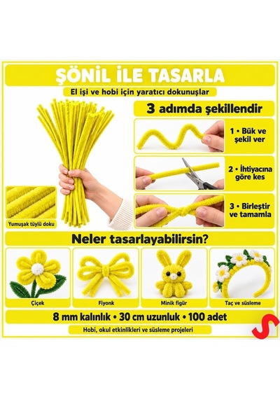 Şönil Çubuk 8 Mm Kalınlık 30 Cm Uzunluk, 100 Adet - Sarı