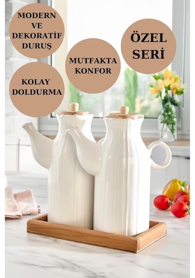 3'lü Standlı Yağdanlık Seti Sirkelik Zeytin Yağlığı 1 Lt Beyaz