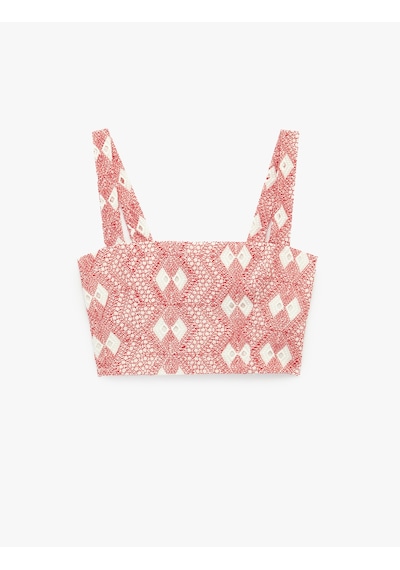 Koton Koton X Sibil Çetinkaya - Desenli Brodeli Nakış Detaylı Askılı Crop Büstiyer Kırmızı Desenli 6sak30094uw