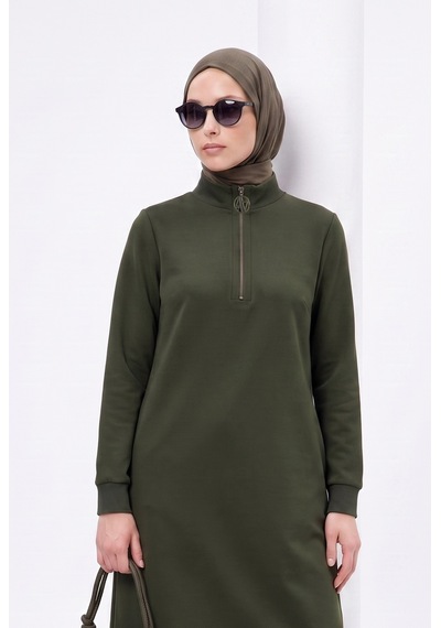 Armine Trend Fermuar Detaylı Uzun Basic Tunik Küf Yeşili Agtn1412