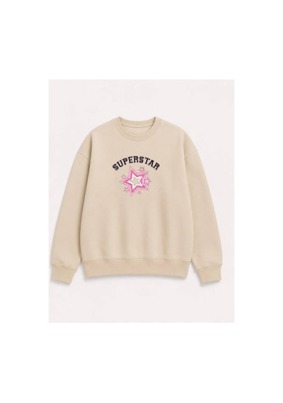 Herkesemoda Süperstar Baskılı 2 İplik Şardonlu Bisiklet Yaka Sweatshirt Bej
