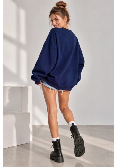Bb Butik Basic 3 İplik Oversize Salaş Basic Sweatshirt Bisiklet Yaka My3535 Lacivert