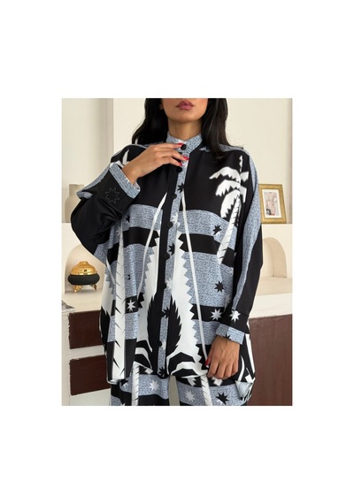 Wellway Atlas Kumaş Tunik Gömlek & Pantolon 2li Takım-mavi Çiçekli-2590 Lacivert