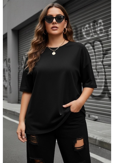Mily Kadın Büyük Beden Battal Basic Bisiklet Yaka Pamuklu T-shirt Rahat Kesim Unisex Sevgili Kombini SIYAH
