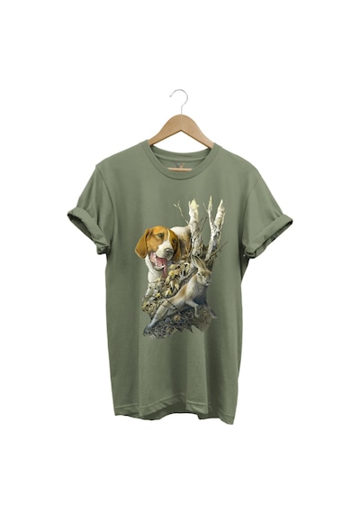 Avcılık Avcı Köpeği Ve Tavşan Baskılı Orman Temalı %100 Pamuk Regular Fit Haki T-shirt Haki