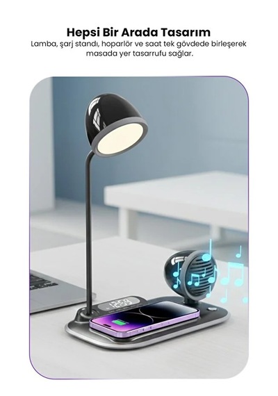 4-in-1 Kablosuz Şarj Standı İphone & Android Uyumlu, Siyah Masa Lambası Ve Bluetooth Hoparlörlü
