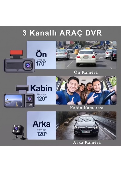 Full Hd 1080p Wi-fi 3 Kameralı Araç Içi Kamera Araba Güvenlik Kamerası Gece Görüşü Ön Geri İç Kayıt