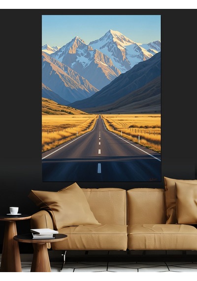 Ahşap Tablo Dağlar Yol Güneşli Manzara