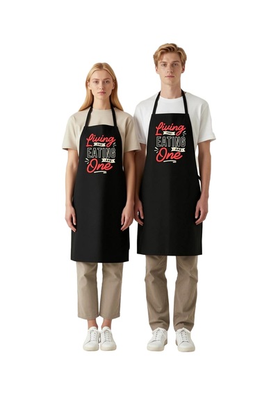 Unisex Mutfak Aşçı Önlüğü Retro Tipografi Baskılı Yaşamak Yemek F Siyah