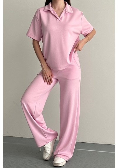 Balenbi Kadın Modal Kumaş Yarım Kollu Polo Yaka Eşofman Takımı 1210 Pembe