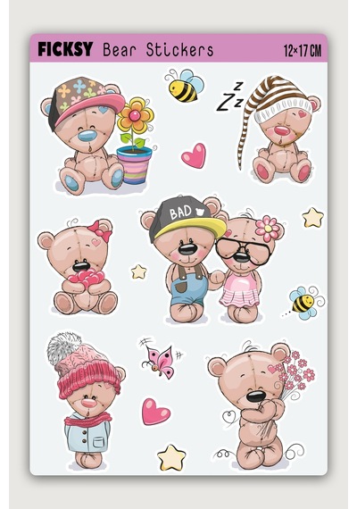 Sevimli Ayıcık Teddy Bear Sticker Seti - 14 Adet Etiket Çıkartma Diğer