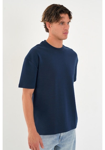 Blank Unisex Oversize Geniş Kesim Tişört %100 Pamuk Kalın Dokulu Bisiklet Yaka T-shirt Indigo