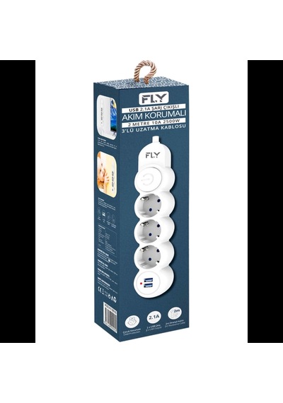 Fly 3393-01, 3 Soket, 2 Usb, Akım Korumalı Priz, 2.1a, Anahtarlı, 2mt Kablo, Beyaz