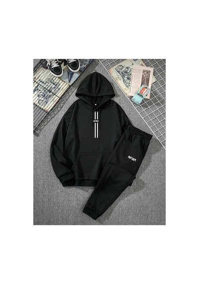 Tarzsokak Bsjeans Unisex Nasa Şerit Baskılı Kapüşonlu Sweatshirt-eşofman Altı 2 Li Set Takım Bsnasa Siyah