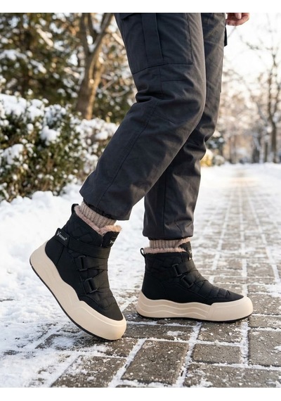Voyager Kadın Cırt Cırtlı Kalı, Taban İçi Kürklü Kaymaz Taban Sneaker Bot Siyah