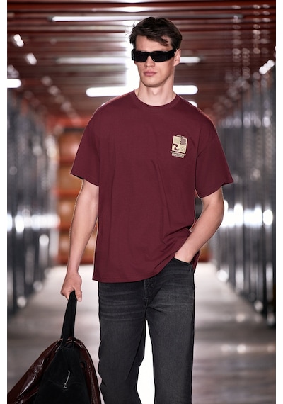 Grımelange Antonıo Erkek Baskı Detaylı %100 Organik Pamuk 3 İplik Örme Oversize Bordo T-shirt