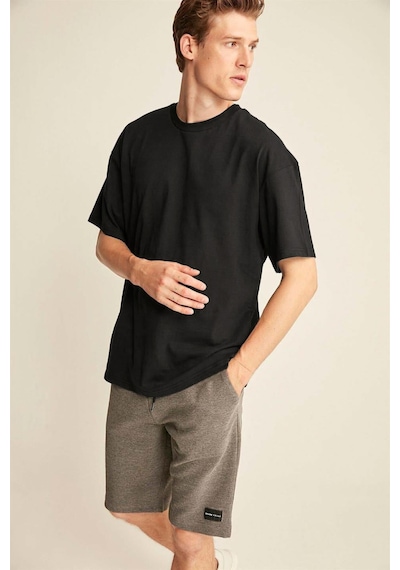 Grımelange Grımelange Jett Erkek Oversize Fit %100 Organik Pamuk Kalın Dokulu Bisiklet Yakalı Siyah T-shirt Siyah