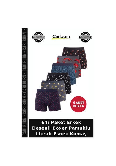 Carlburn Delux Serisi 6'lı Paket Erkek Desenli Boxer Pamuklu Likralı Esnek Kumaş Tasarım Basic Stil DESENLİ