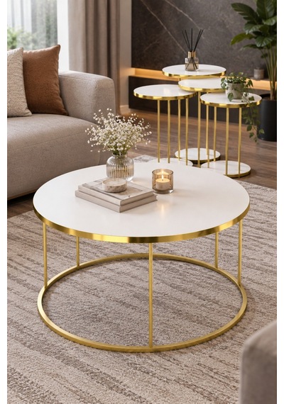 Sulorahome 4'lü Beyaz Ve Gold Metal Ayaklı Sehpa Seti Beyaz - Altın