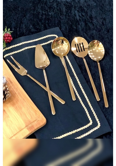 Paslanmaz Çelik Servis Seti Salata Maşası Pasta Küreği Kepçe Servis Kaşığı Çatalı Gold & Çiçek Desenli Gold Kaplama