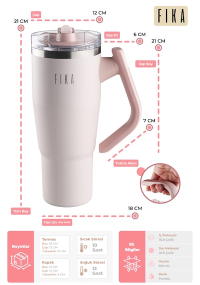 Fika Lumi Patentli Döner Kulplu Sızdırmaz Çift Ağızlıklı Çelik Termos 950 Ml Pembe