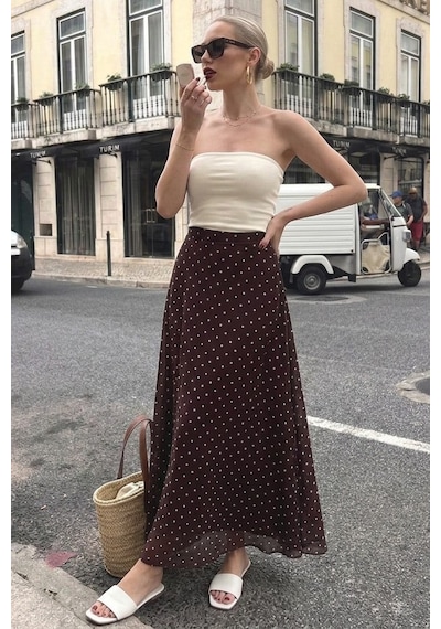 Madmext Kahverengi Minimal Puantiye Desen Şifon Astarlı Etek Mg2821