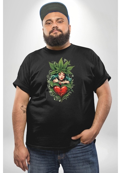 Angemiel Kalp Parmak Kız Yeşillik Mutluluk Siyah Büyük Beden Erkek Kadın Unisex Basic Ön Baskılı Tişört Siyah