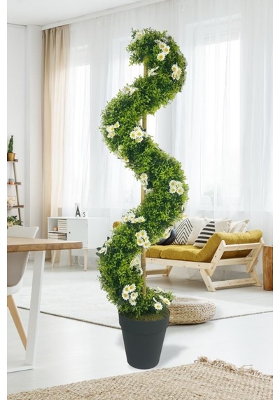 Yapay Ağaç Doğal Papatyalı Spiral Şimşir Ağacı 160cm Bambu Saplı Salon Bitkisi