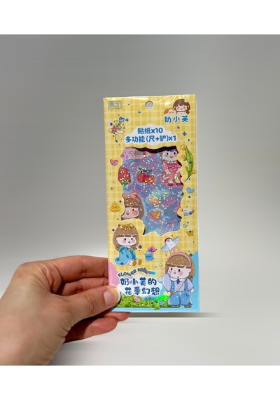 Kawaii Sevimli Karakter Çiçekli Sticker Seti, 10 Yapışkanlı Etiket, Cetvel Çok Renkli