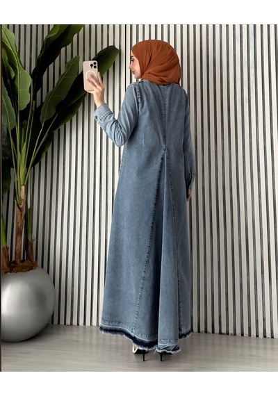 Molly Nelly Kadın V Yaka Pile Detaylı Oversize Kot Tesettür Elbise Mavi