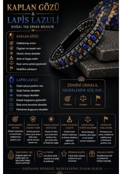Sertifikalı Kaplan Gözü - Lapis Lazuli Siyah Hematit Arpa Kesim Kilitli Doğal Taş Deri Erkek Bileklik Çok Renkli