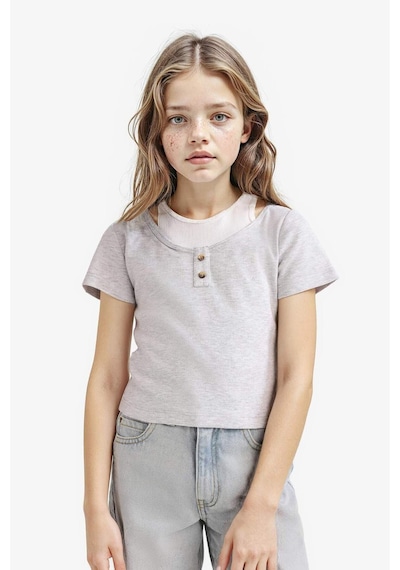 DeFacto Kız Çocuk Cropped Fit Bisiklet Yaka Ribana Kısa Kollu Tişört E1830A825SMGR421 Gri