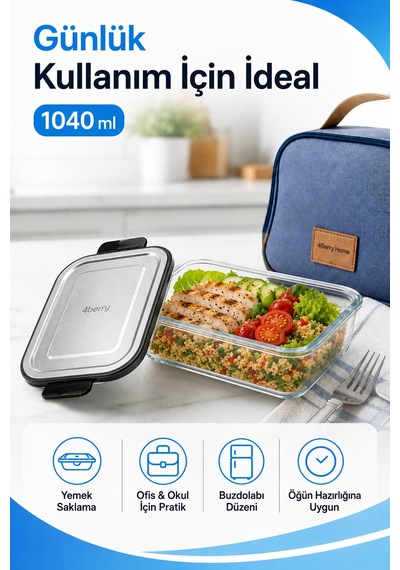 1040 Ml Kilitli Cam Saklama Kabı İnoks Kapaklı Yemek Ve Kahvaltılık Kabı Şeffaf